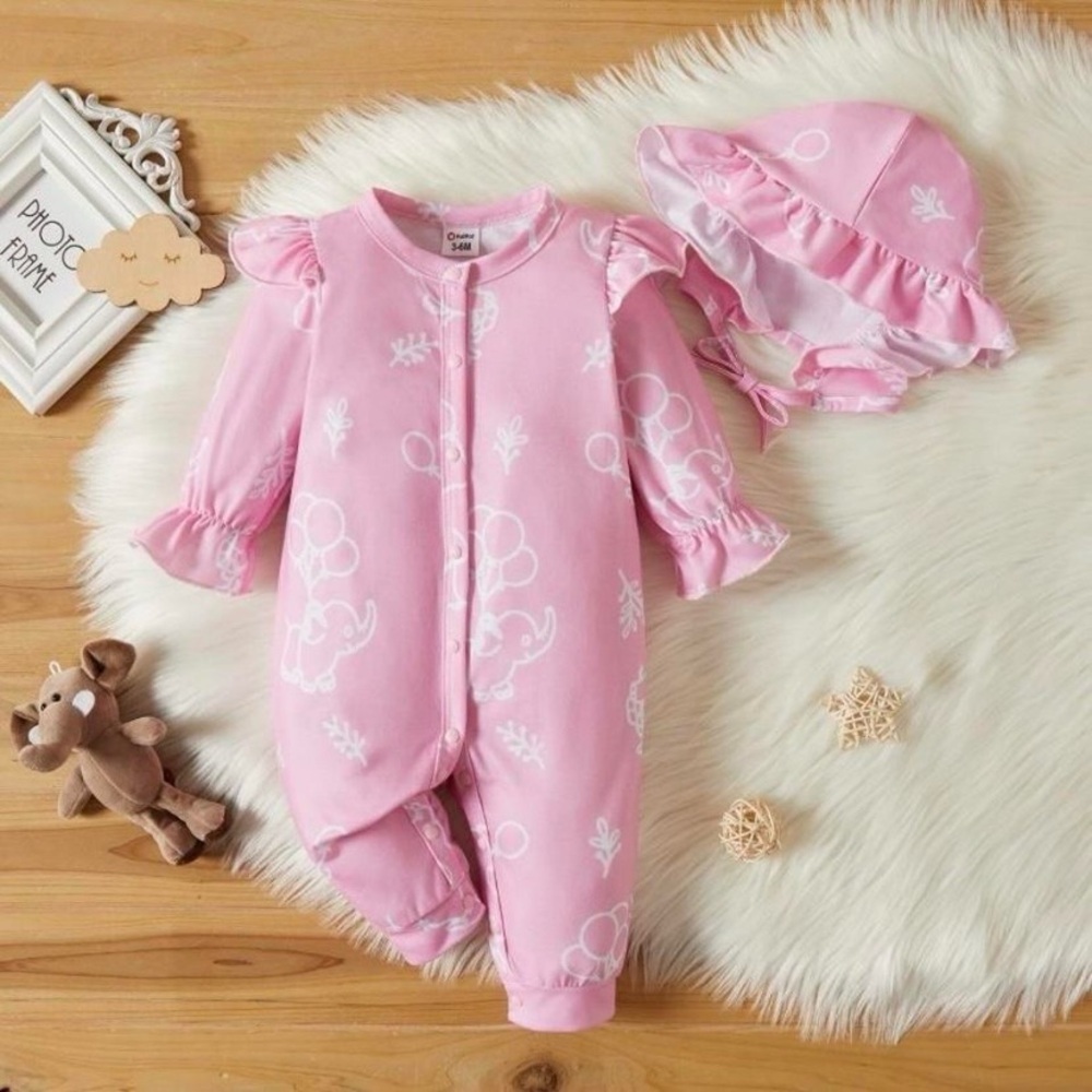 NEW Size 6-9 months, pink girls 2 pc outfit, hat, long sleeved jumpsuit, ruffle